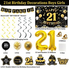 Black And Gold 21st Birthday Decorations For Him Her Balloons Backdrop Swirls