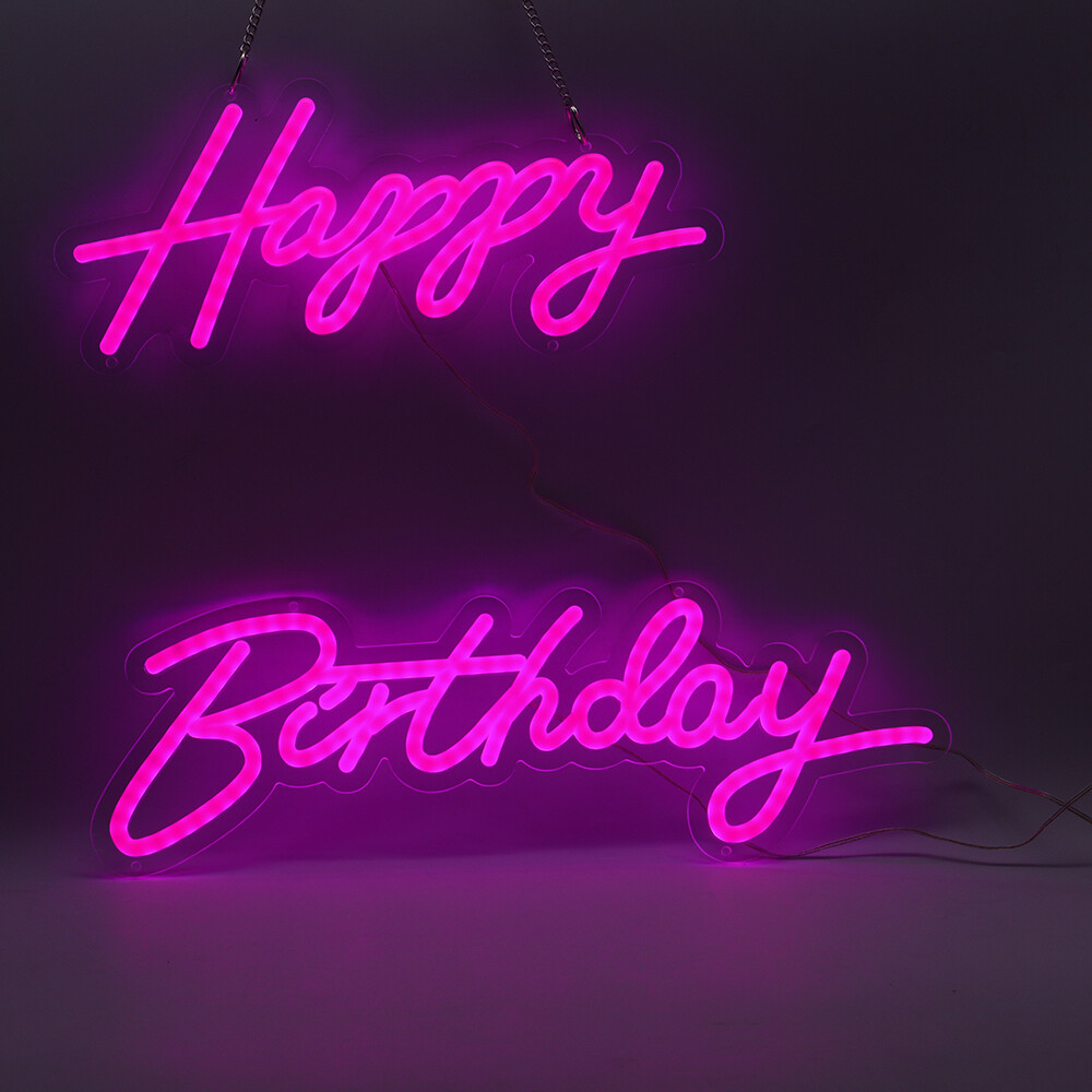 Pink Integrative Neon Sign Happy Birthday 18 x 7.05 in + 13.3 x 6.2 in