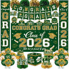 Green and Gold Graduation Decorations 2026 Set, All-In-1 Kit with Congrats Grad