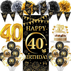 40Th Birthday Decorations Women Men – 37 Pcs Black Gold Banner Pennant Triangle