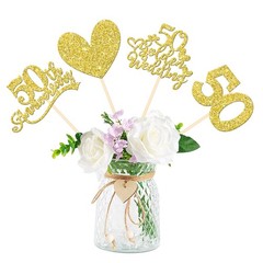 12 PCS Gold Glitter 50th Anniversary Centerpiece Sticks Double Sided Heart