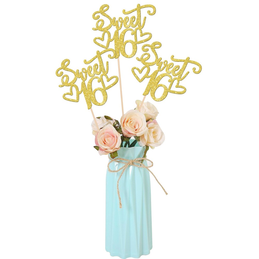 12 PCS Sweet 16 Centerpiece Sticks Double Sided Glitter Happy 16th Birthday C…