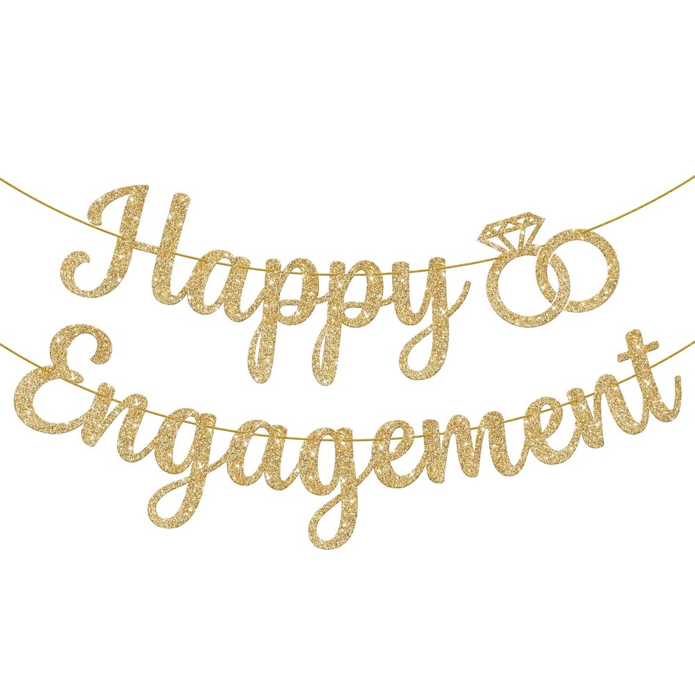 Gold Glitter Happy Engagement Banner – Pre-Strung,10 Feet | Engagement Party …