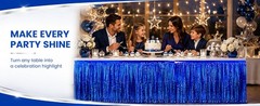 4-Pack Blue Foil Fringe Table Skirt, Disposable Metallic Tinsel Streamers, Photo