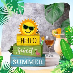 Hello Summer Tiered Tray Decor – 4 Rustic Wooden Centerpieces for Festivities
