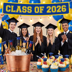 Mini Graduation Cap Decorations – 48 Pcs Blue Felt with Gold Tassel & Diploma