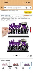 LINGTEER 75th Birthday Purple Acrylic Cake Topper Set of 3 Table Toppers