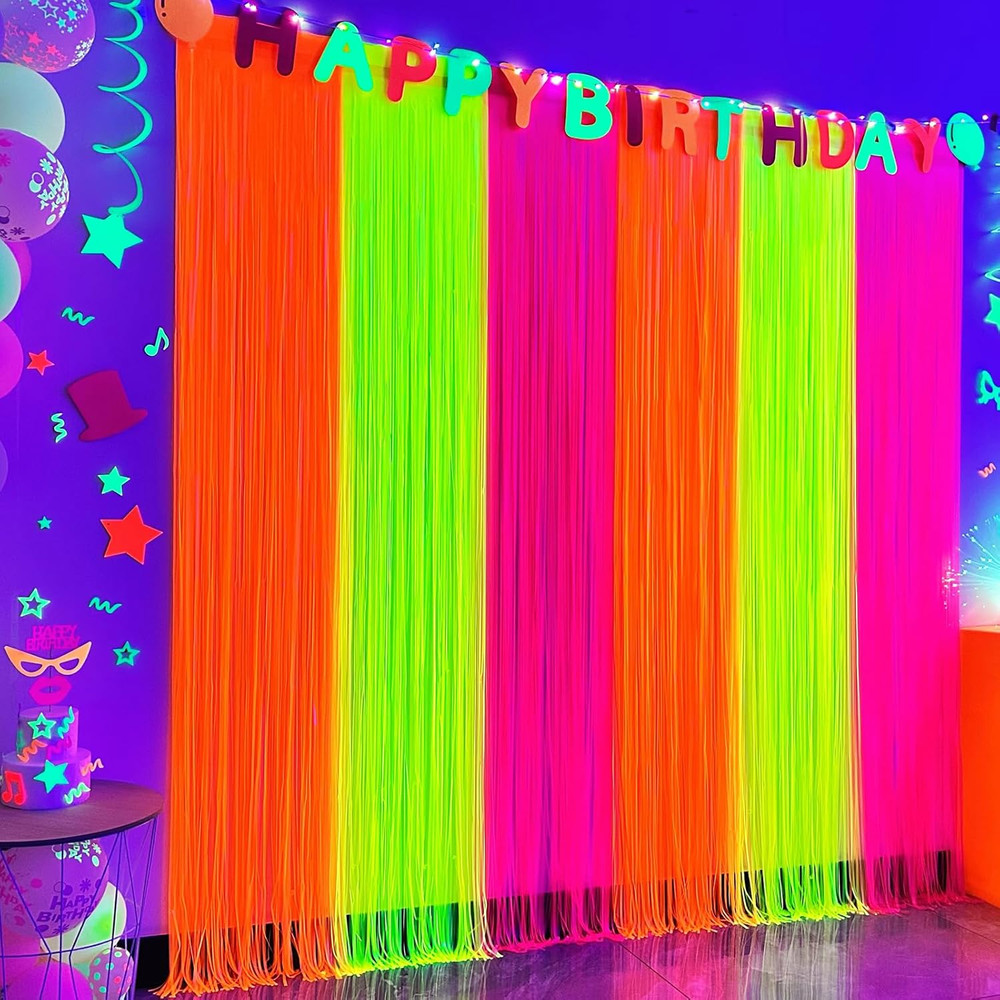 Glow in the Dark Party Supplies, Neon Party Decorations Foil Fringe Curtains wit