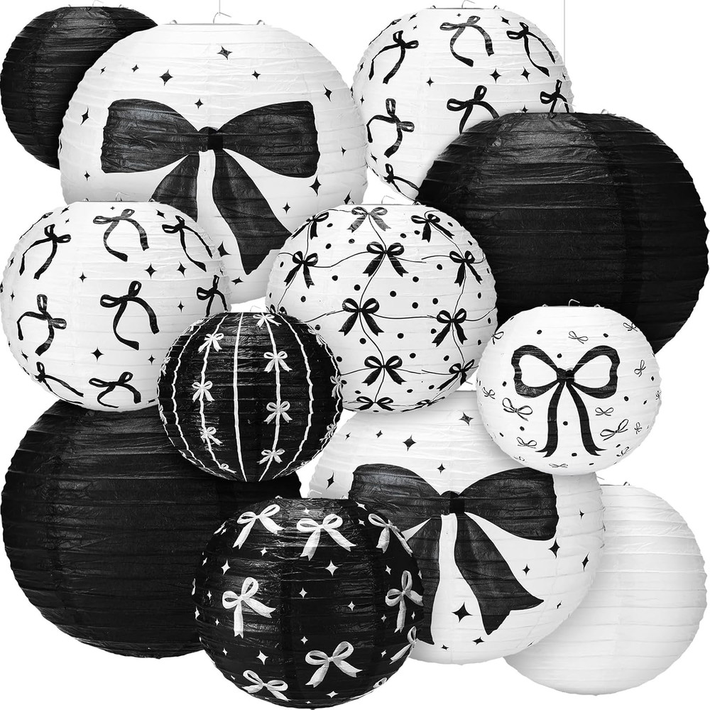 12 Pcs Black Bow Paper Lanterns Black Bow Birthday Party Decorations Polka Dot B