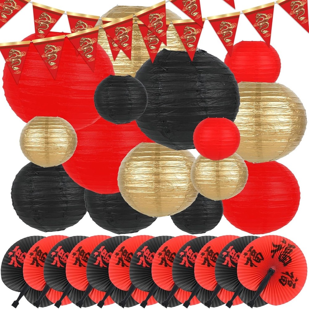 party greeting 28 Pcs Hibachi Party Decorations Asian Red, black, gold