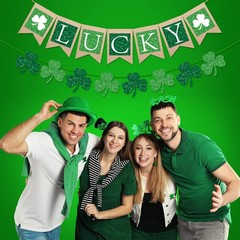 St. Patrick’s Day Banner Glitter Lucky Burlap Banner Green Shamrock Paper Banner