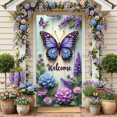 Welcome Butterfly Door Cover Spring Summer Door Banner Decorations Hydrangea…