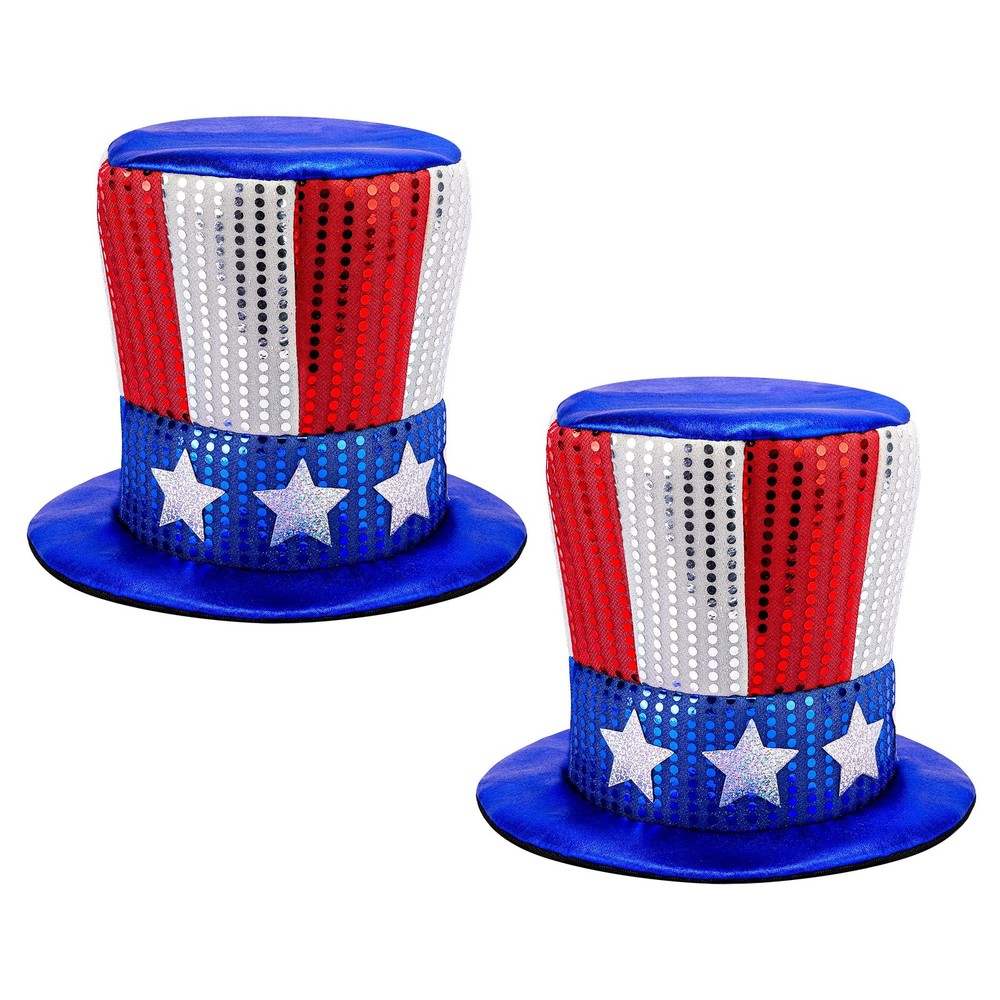 2 Pcs 4th of July Decoration Glitter Top Hat, Shiny Independence Day American Fl