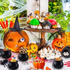 2/6/12PCS Mini Witch Cauldron Pots with Handle Halloween Candy Bowl Holders