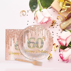Exquisite 96-Piece Pink Rose Gold 60th Birthday Party Set for 24 Guests: Luxu…