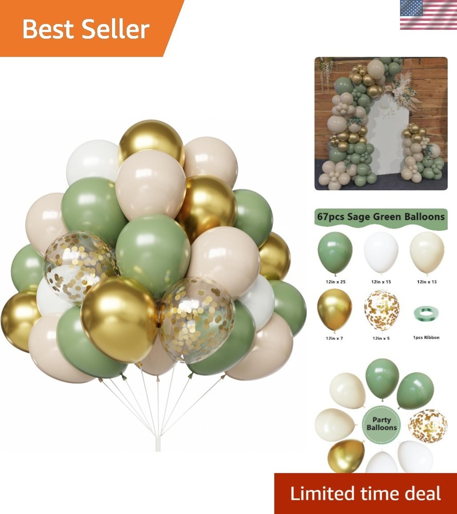 Sage Green Balloons, 67pcs 12 Inch Sage Green White and Gold Confetti Party B…