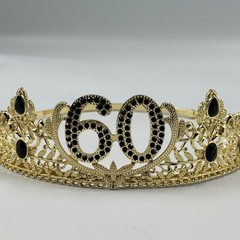 60th Birthday Crown Gold Tone Black Rhinestone Tiara Men Women Party Decor