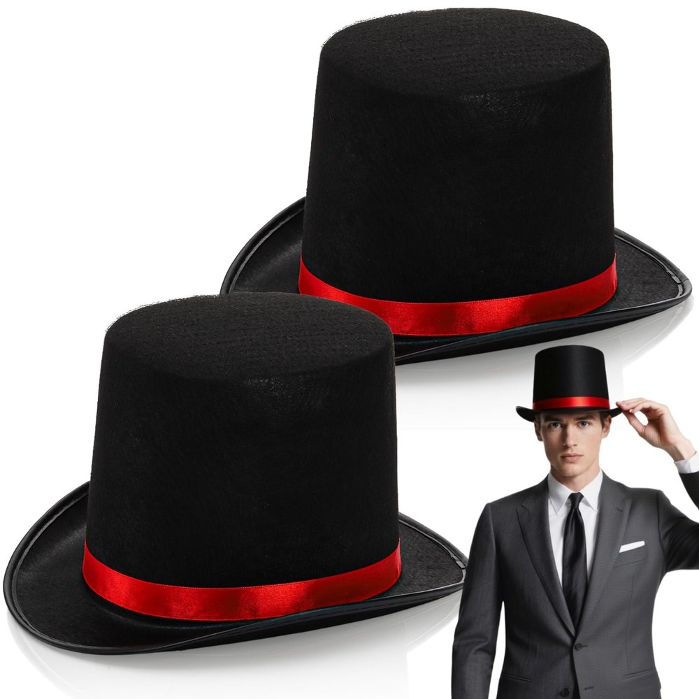 2 Pack Black Felt Top Hats, Funny Party Hat with Red Band, Tuxedo Vampire For…