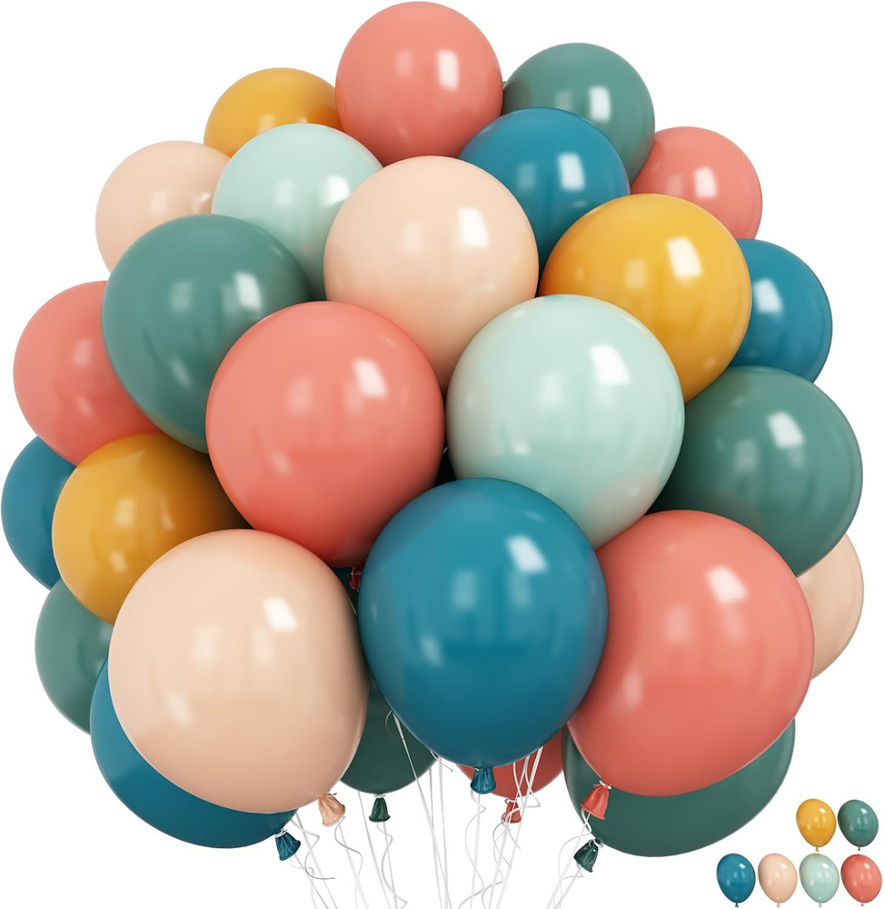 Boho Rainbow Balloons 60 Pcs Retro Teal Blue Blush Pink Dark Light Orange Yellow