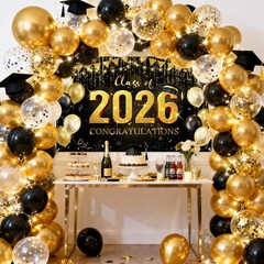 Graduation Backdrop Black and Gold Congratulations Class of 2026 Banner 2026 Gra