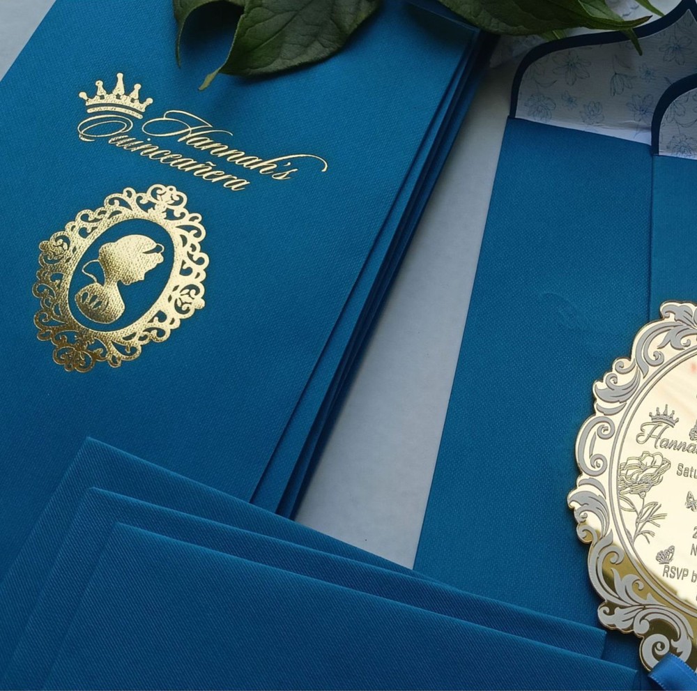White Ink Printed Quinceanera Gold Mirror Acrylic Invitation with Blue Envelopes