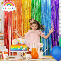 Rainbow Foil Fringe Curtains, 2 Pack Rainbow Birthday Decorations 3.3X6.6Ft Tins