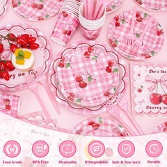 REDWORD Cherry Birthday Decorations, 120Pcs She’s The Cherry On Top Party Pla