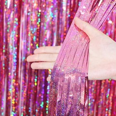 2 PCS Laser Pink Tinsel Foil Fringe Curtains 3.28×6.56 Ft Metallic Backdrop