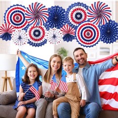 Patriotic Decorations Hanging Paper Fans 12pcs 3 Sizes Red White Blue Party D…