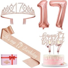Memorable 17th Birthday Celebration Kit: Tiara, Sash, Balloons & Topper Included