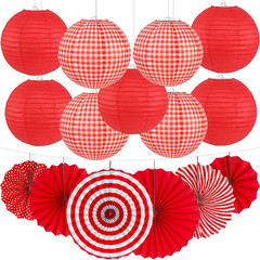 15 Pcs Red Gingham Party Decorations, 12 Inch Hanging Paper Lanterns and Fans fo