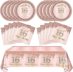 Rose Gold 16th Birthday Party Kit, Sweet 16 Plate Napkins Tablecloth Decor, Pink