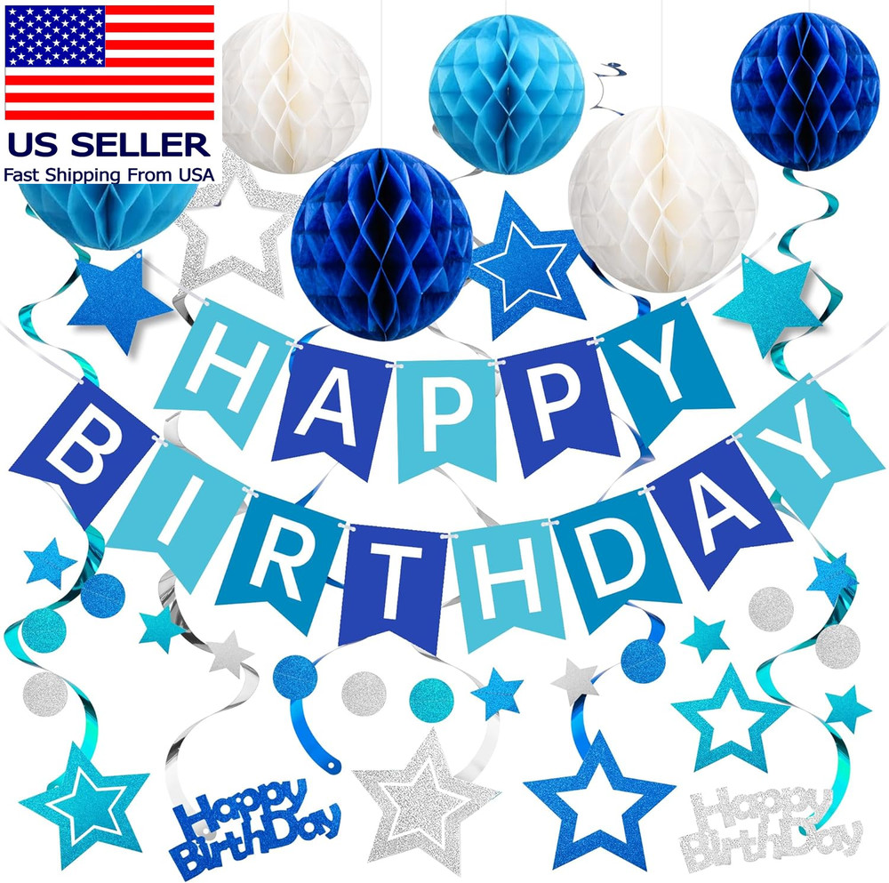 Birthday Decorations, Happy Birthday Banner with Honeycomb Balls, Swirls Set Hap