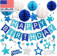 Birthday Decorations, Happy Birthday Banner with Honeycomb Balls, Swirls Set Hap