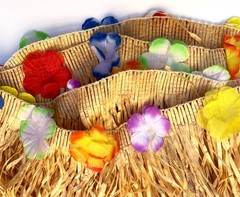 (4) Luau Party 9ft x 29in Grass Table Skirts Gold Silk Flowers Tiki Bar Tropical