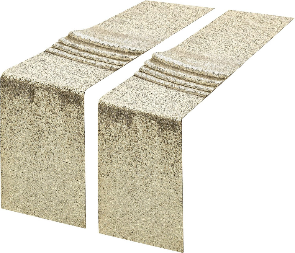 2 Packs 12 x 108 inches Champagne Gold Sequin Table Runner, Glitter Champagne Ta