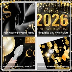 Graduation Backdrop Black and Gold Congratulations Class of 2026 Banner 2026 Gra