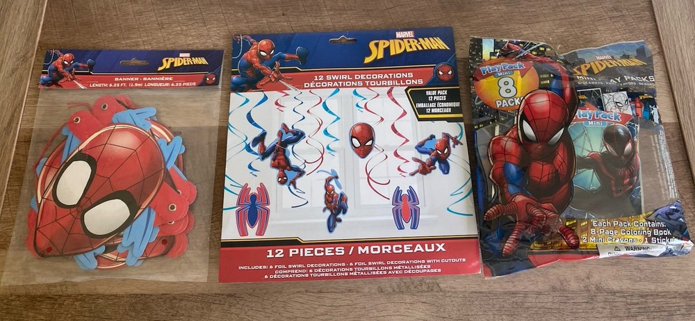SPIDERMAN BIRTHDAY PARTY BUNDLE NEW DECORATIONS, MINI PLAY-PACKS BIRTHDAY BANNER