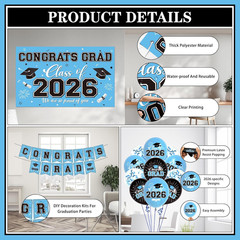 Graduation Decorations 2026 Light Blue Party Decor Set with Congrats Grad Banner