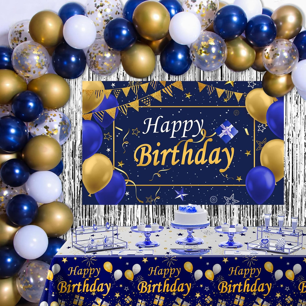 Blue and Gold Birthday Decorations for Men Women, Happy Birthday Decorations fo