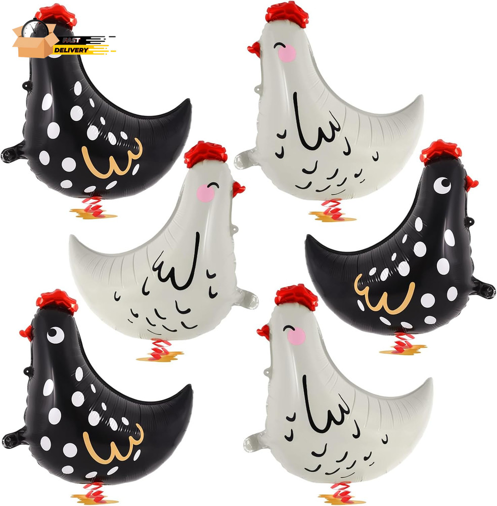 6 PCS Walking Chicken Balloons, Aluminum Foil Chicken Party Decorations White A