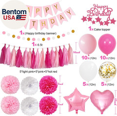 Pink Red Happy Birthday Party Decorations Kits for Girls Women with Happy Birthd