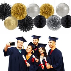 14 PCS Black Gold Silver 2025 Graduation Party Decorations Paper Fans