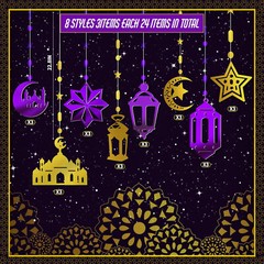 24 pcs Purple & Gold Eid Mubarak Hanging Pendant For Home Islam Party Decor