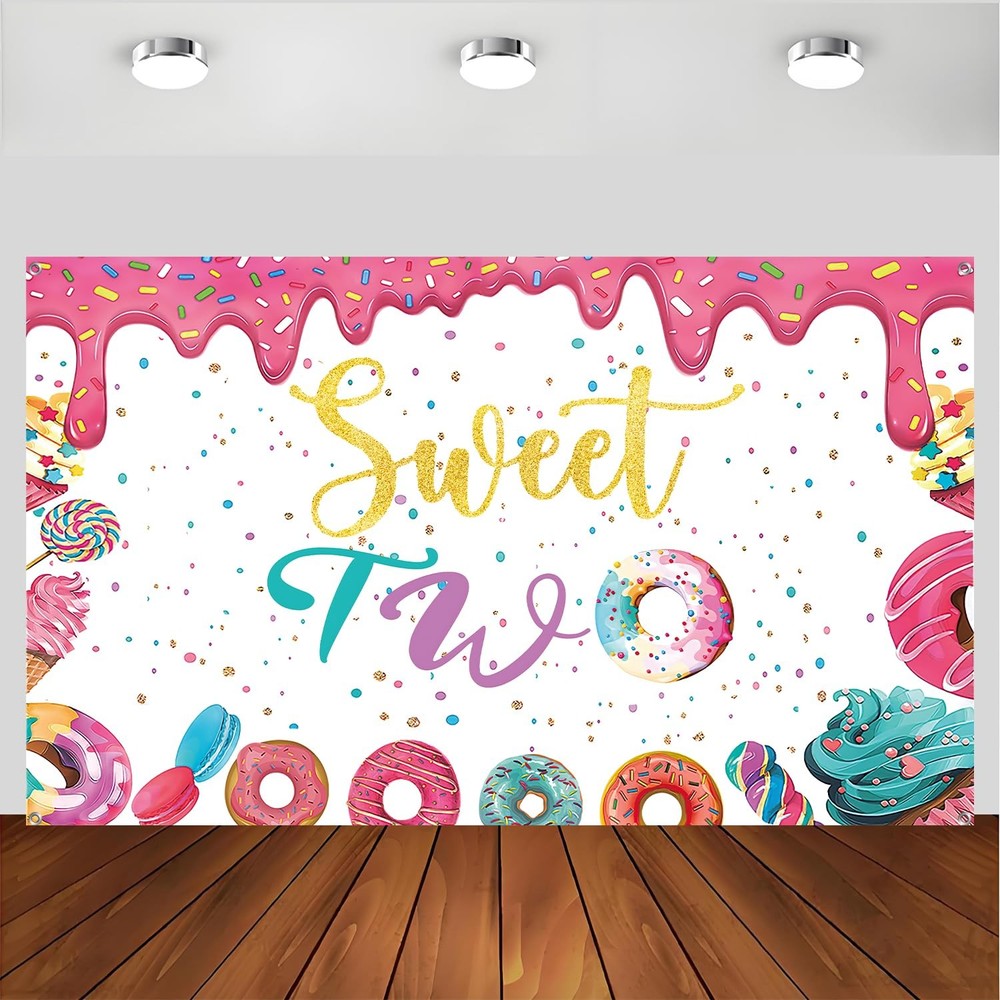 xuanflyF Donut Sweet Two Birthday Party Backdrop Banner 5x3ft Pink Cotton