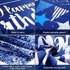Blue Silver Happy Birthday Decorations Banner Backdrop for Men Women Boys Girls