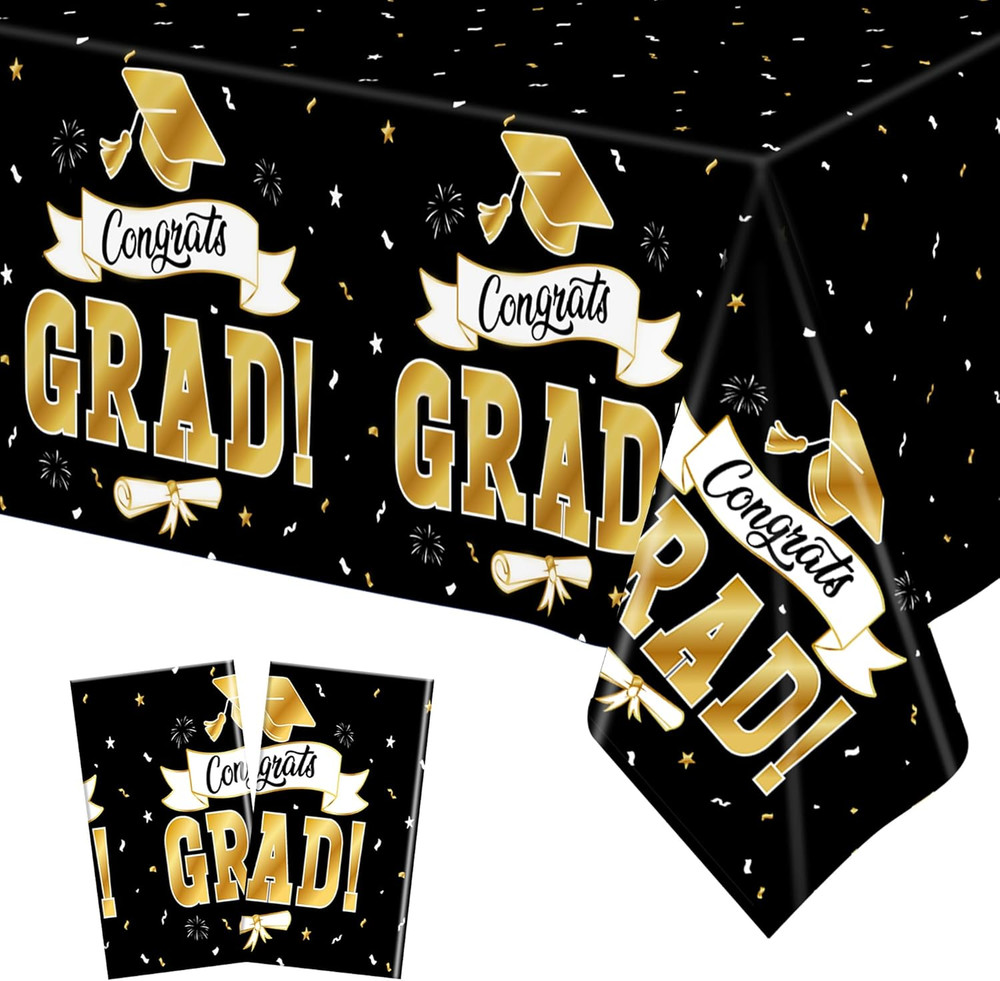 2Pack Graduation Decorations 2026, 108″ X 54″ Graduation Tablecover, Blackgold R