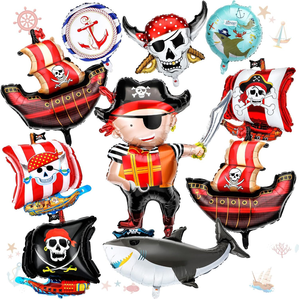 10 Pcs Pirate Balloons Birthday Party Decorations round Pirate Ship Ocean Skelet