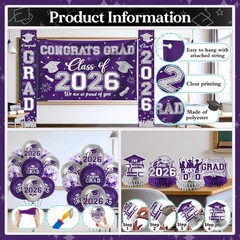 Purple and Silver Graduation Decorations 2026 Set, All-In-1 Kit with Congrats Gr