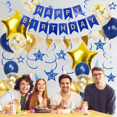 Navy Blue Gold Birthday Decorations, Happy Birthday Banner and Gold Star Ball…
